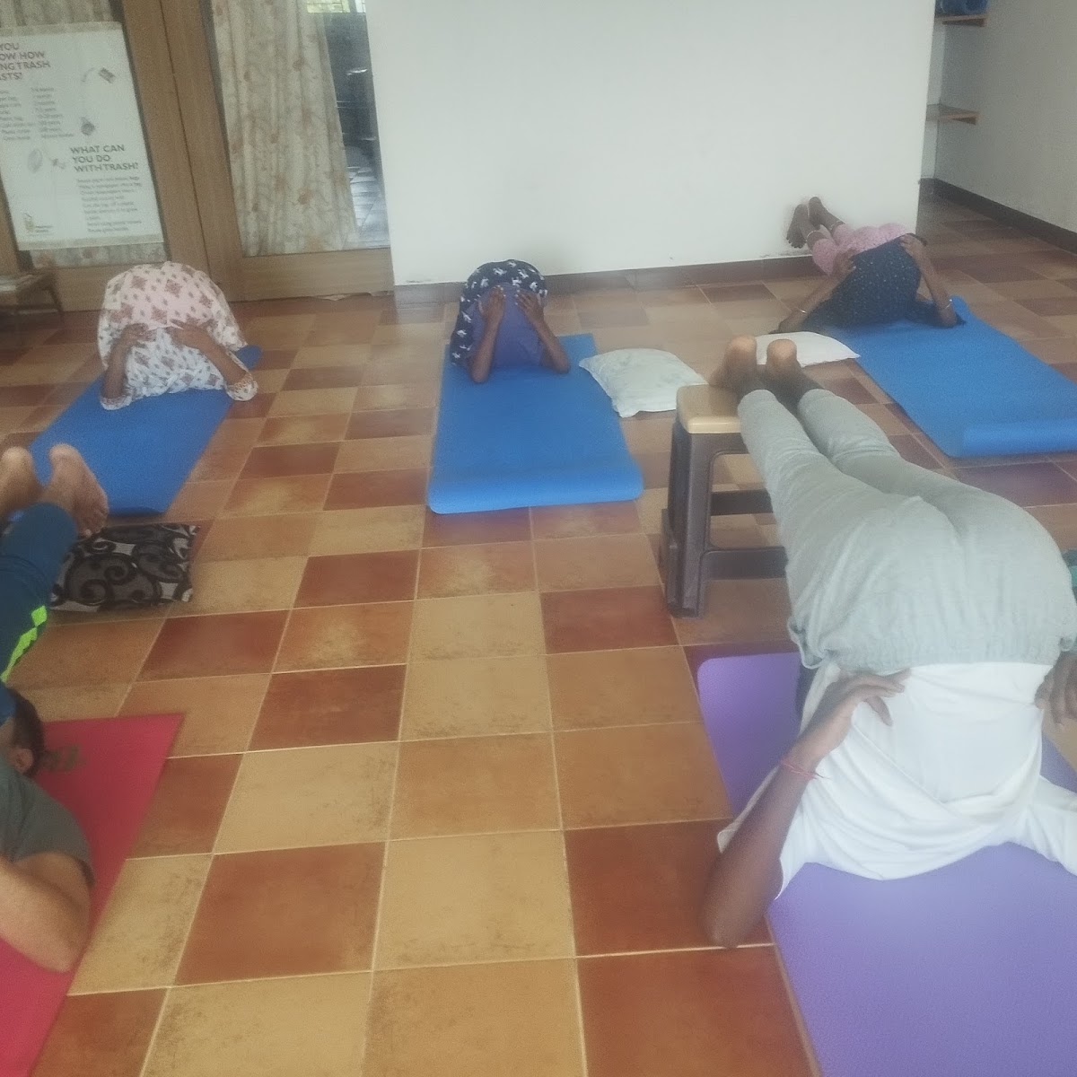 Yoga class in session at Sathyam Nithyam Yoga Salai